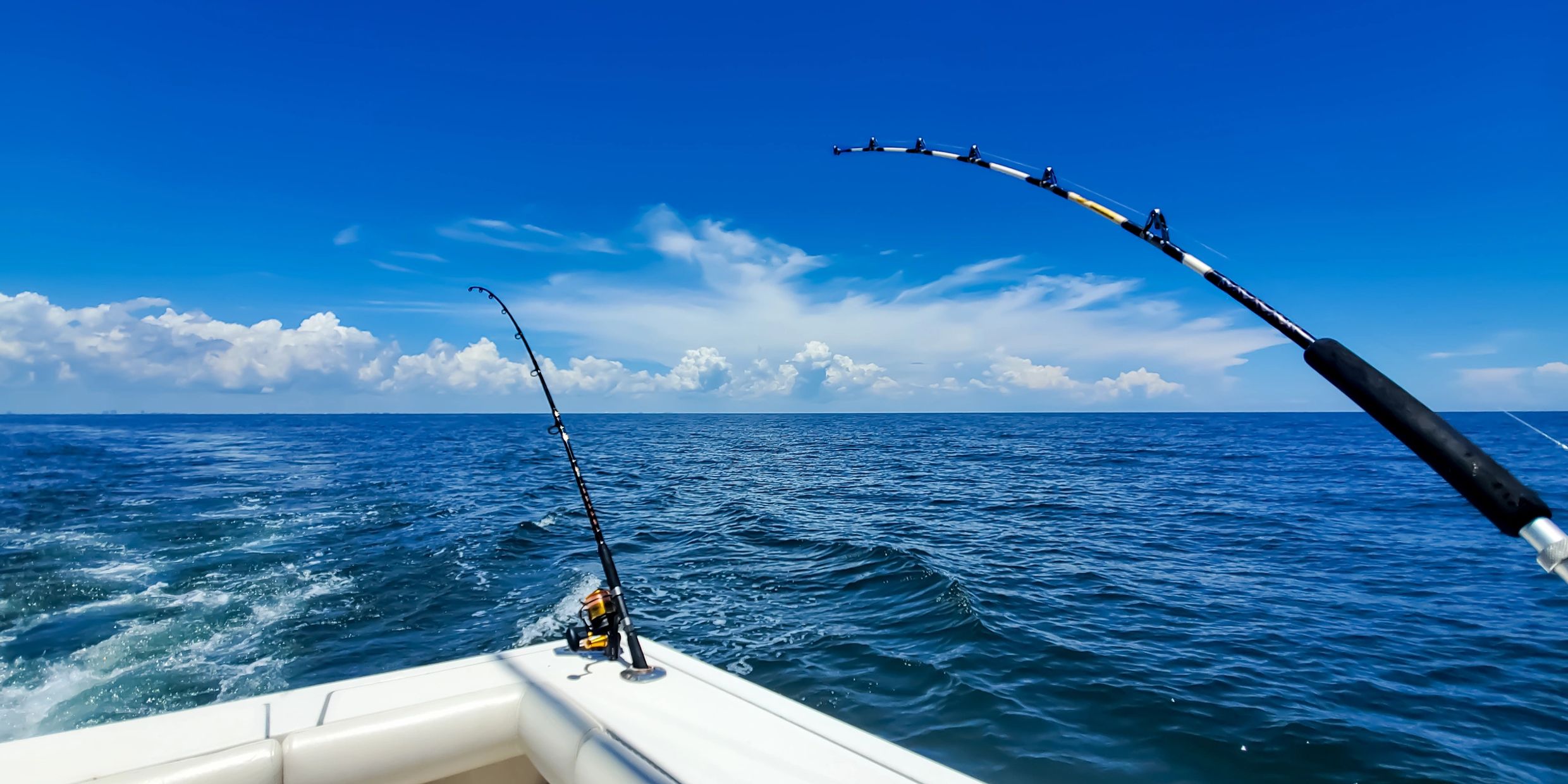 Fishing rods bent over the ocean on a deep sea charter off South Florida